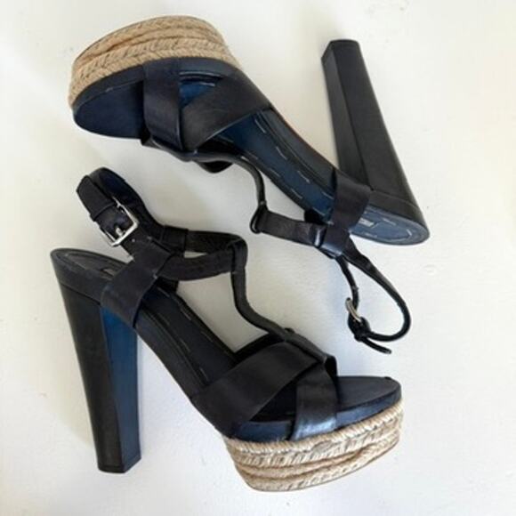 Miu Miu Platform Espadrille Sandals Navy Leather Strappy Heels Size 38 Italy - Picture 4 of 13